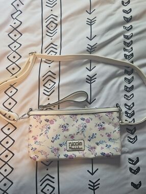 Nicole Miller Floral Crossbody Bag in Cream with Pink and Purple Accents
